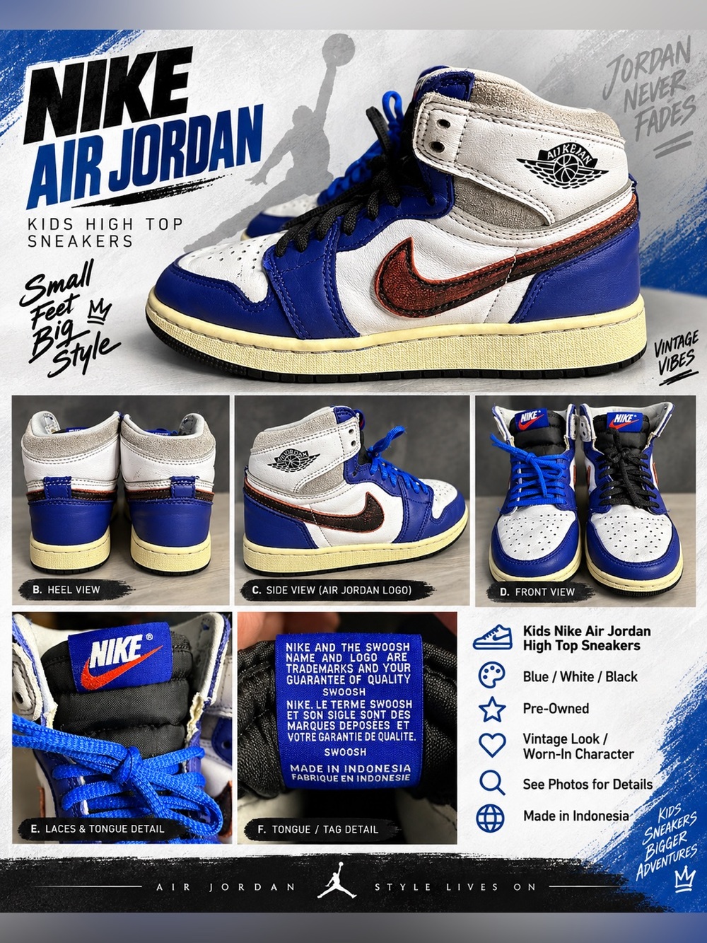 Nike Rare Air Jordan Kids High Top Sneakers Blue White Vintage Retro [4Y]